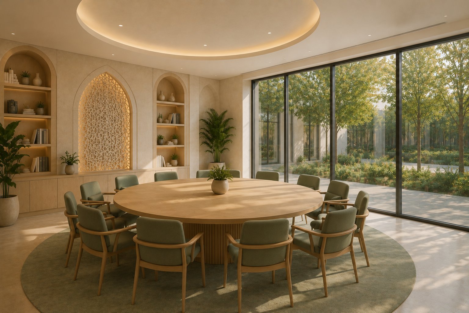 Vergaderruimte met een grote ronde tafel en veel daglicht