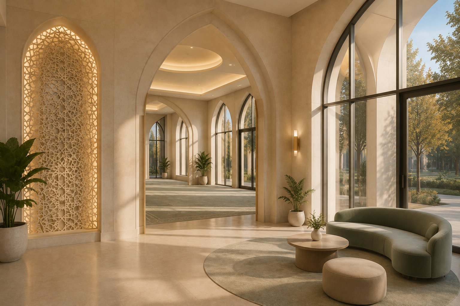 Gebedsruimte met mihrabnis, gebedskleden en hoge boogramen