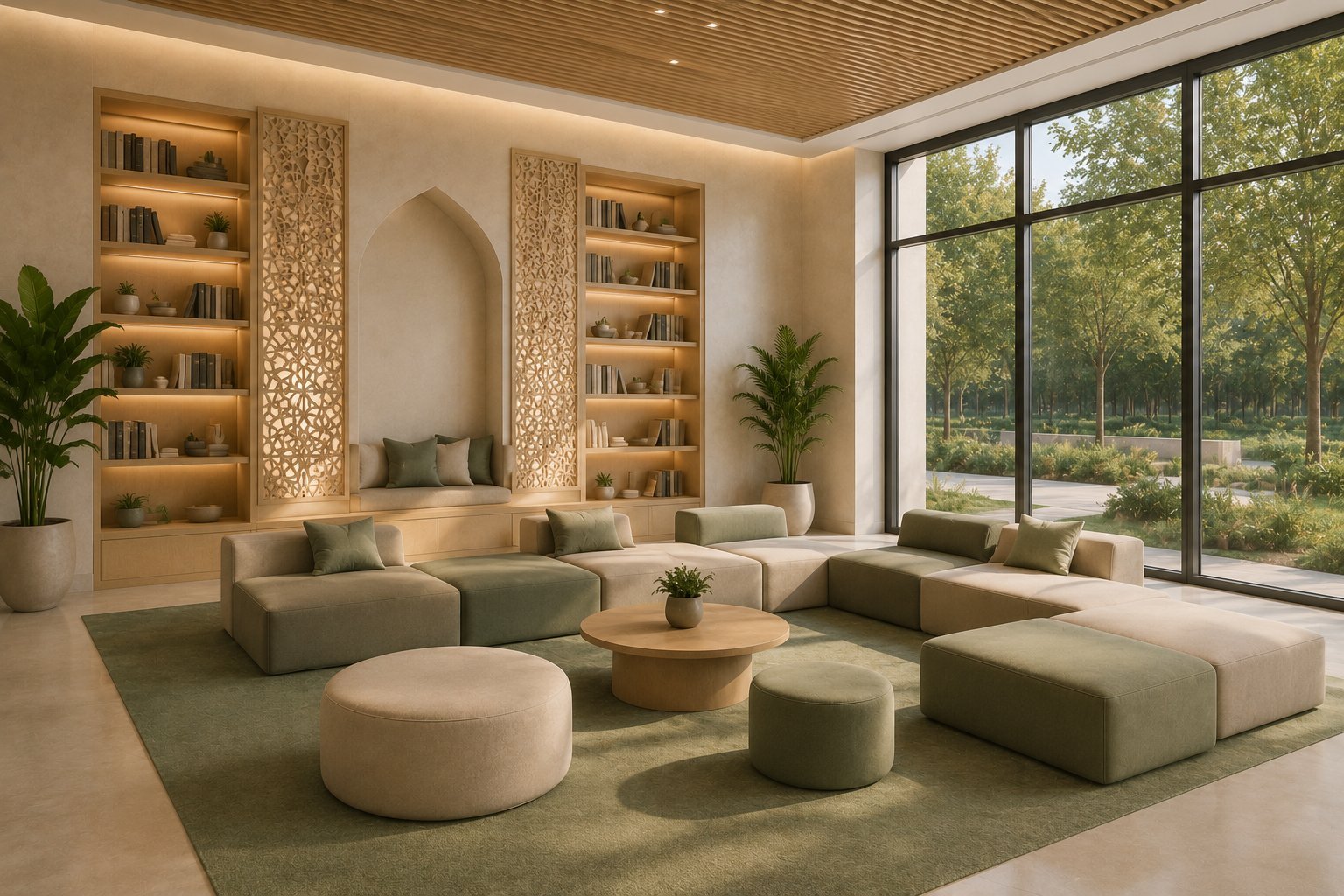 Lounge voor jongeren met lage zitbanken en boekenkasten