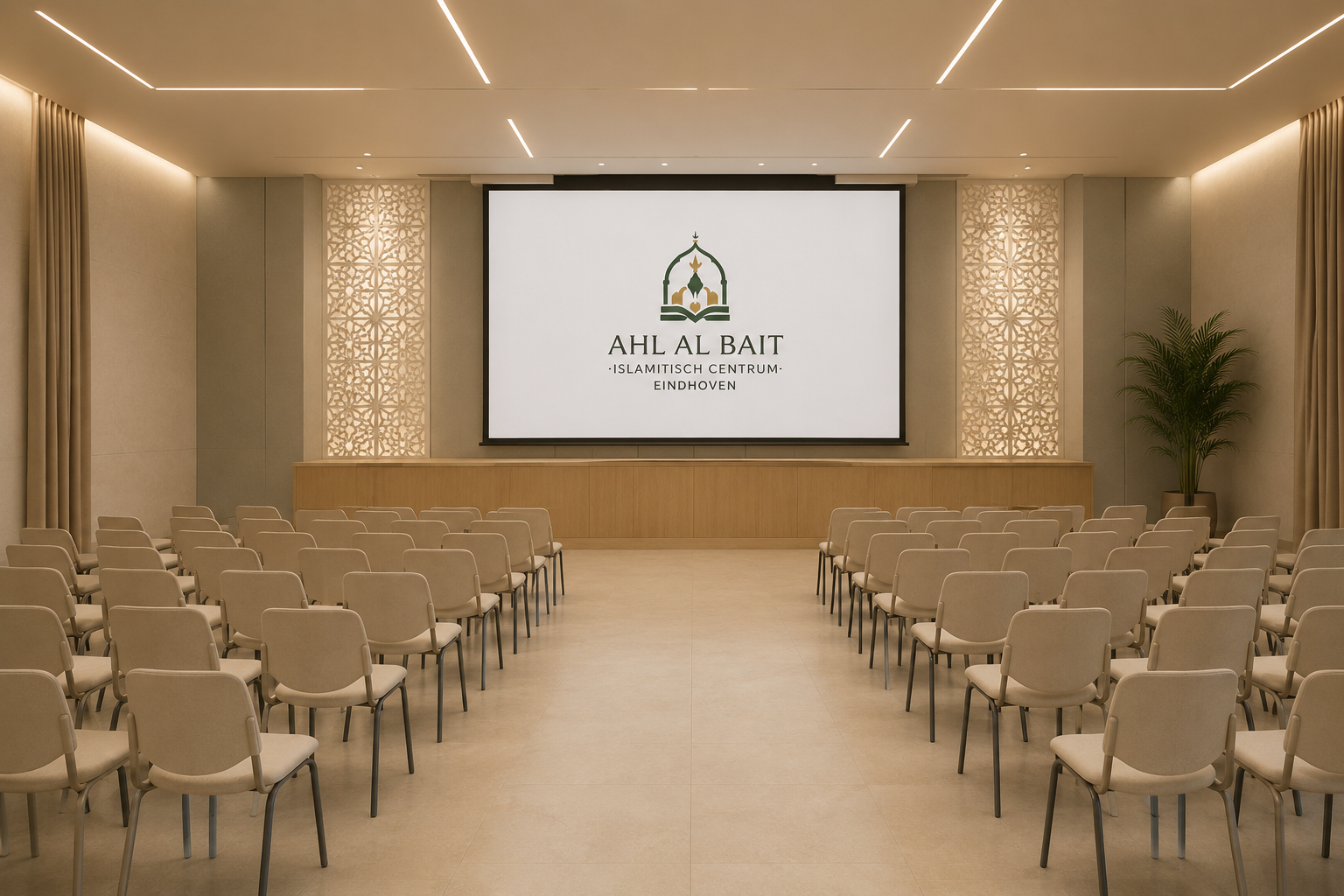 Conferentiezaal met stoelen en een groot presentatiescherm